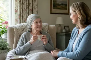elderly person sitting by a bright window with a cup of tea, accompanied by a caring family member in a cozy, sunlit living room