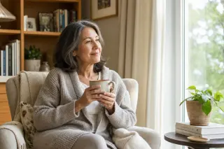 Woman sitting peacefully in a sunlit living room, holding tea, with soft natural light and a cozy, inviting home atmosphere.