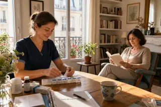 Home care nurse preparing medication at a table in a bright, cozy living room with a patient reading nearby.
