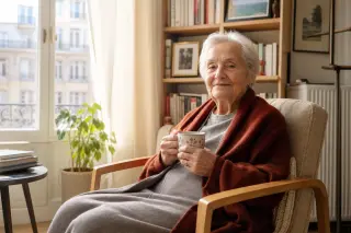 Elderly person sitting peacefully in an armchair by a bright window, holding a cup of tea in a cozy and inviting living room.