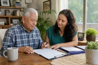 A convalescent person and a supportive relative work together on paperwork at a sunlit table in a warm, inviting living room.
