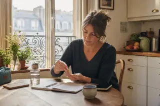 Home nurse preparing medication at a bright kitchen table, with natural light and a warm, inviting atmosphere in a Parisian apartment.