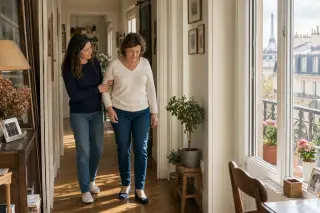 Family member supporting a serene, recovering woman while walking together in a sunlit, warmly decorated Paris apartment hallway.