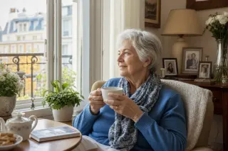 Older adult sitting serenely by a sunlit window with a cup of tea in a cozy, warmly lit living room.