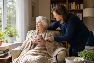 Elderly person sitting in a bright living room near a window, holding a mug of tea, with a family member adjusting their blanket in a warm, welcoming home atmosphere.
