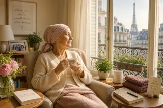 A compassionate home nurse prepares medication for a calm elderly woman in a bright, welcoming kitchen, with plants and personal touches visible.
