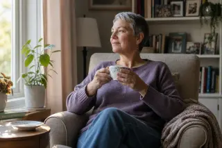 Recovering adult sits in a luminous living room, calmly enjoying tea by a window, with a peaceful and dignified atmosphere.