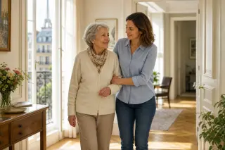 Adult child gently supporting elderly parent as they walk in a sunlit Parisian apartment hallway, warm and serene ambiance.